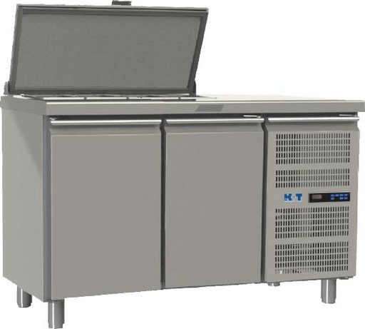 K+T Saladette GN 1/1, Korpushöhe 650 mm, abgekantete Arbeitsplatte, 2 Abteile, Zentralkühlung